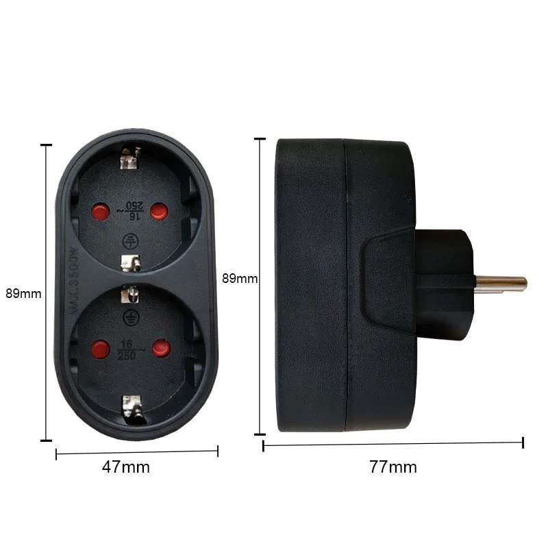 European Ground 1 to 2Way EU Schuko Wall Socket Adapter Plug Korea Russia Extension Power Outlet Converter Socket 3500W 16A 250V