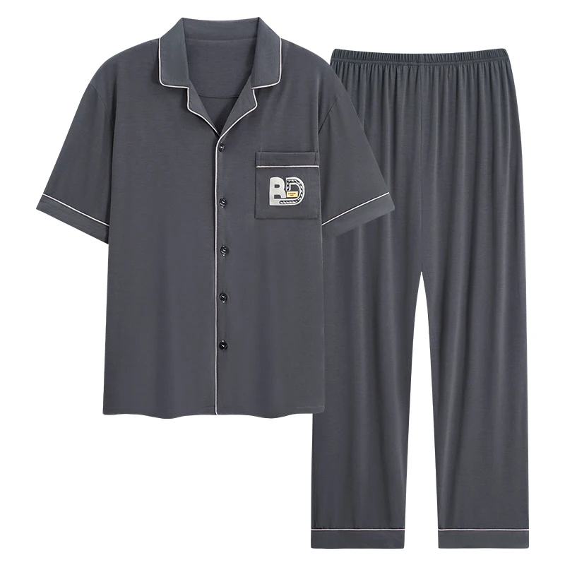 3XL pajamas for men's summer modal thin lapel short sleeved long pants for men's home wear oversized set