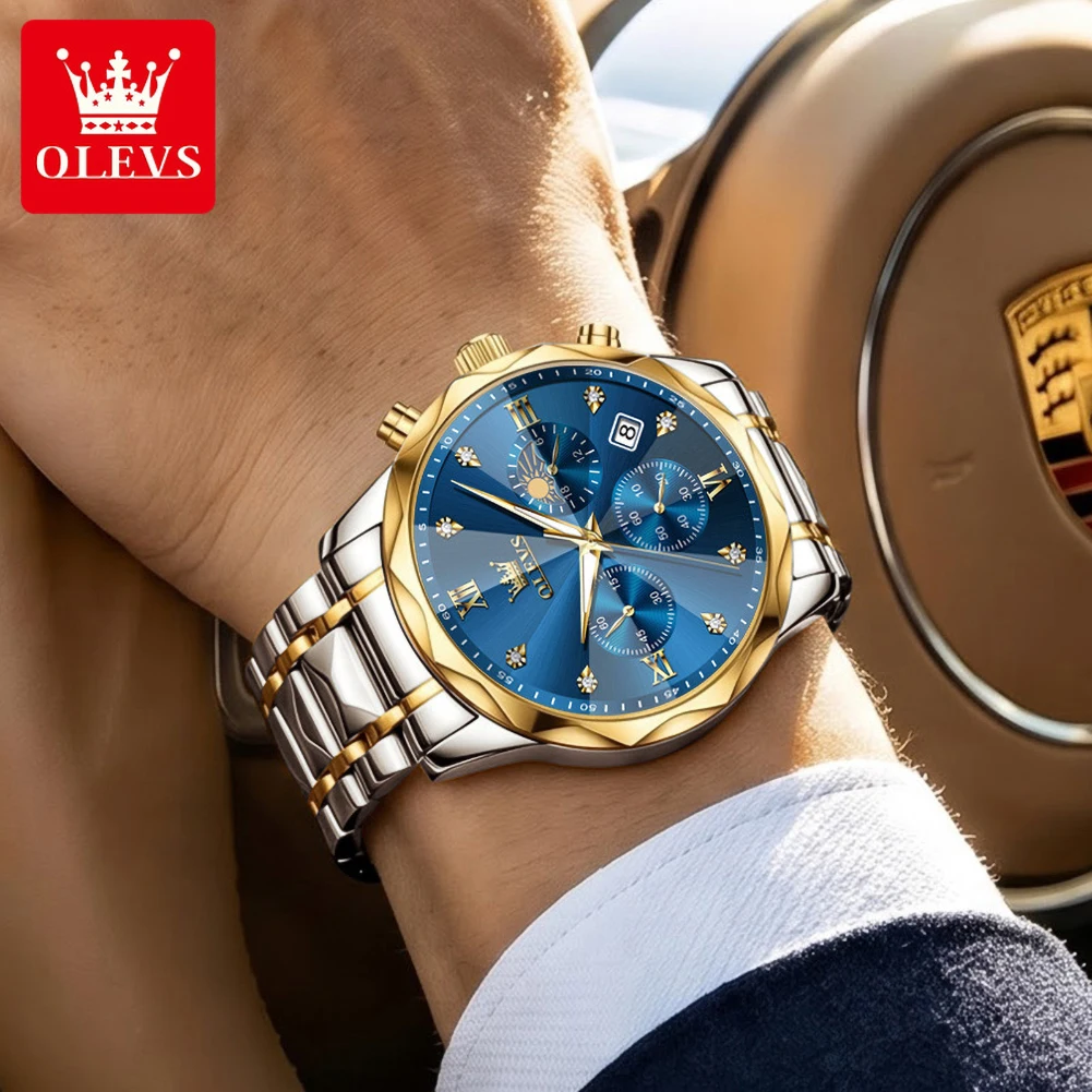 OLEVS 2730 Quartz Movement Watch For Men Multi-functional Diamond Dial 24-hour Moon Phase Calendar Window Luminous Watch