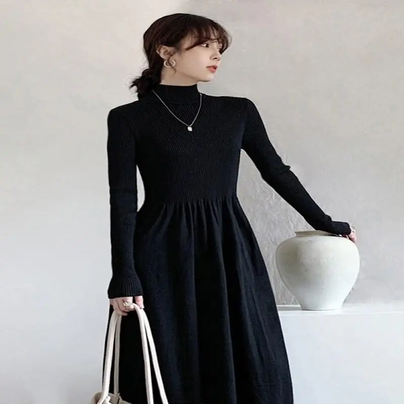 

sweater skirt black Fashion Winter French half turtleneck bottoming knitted dress for women in autumn and winter Hot Dress