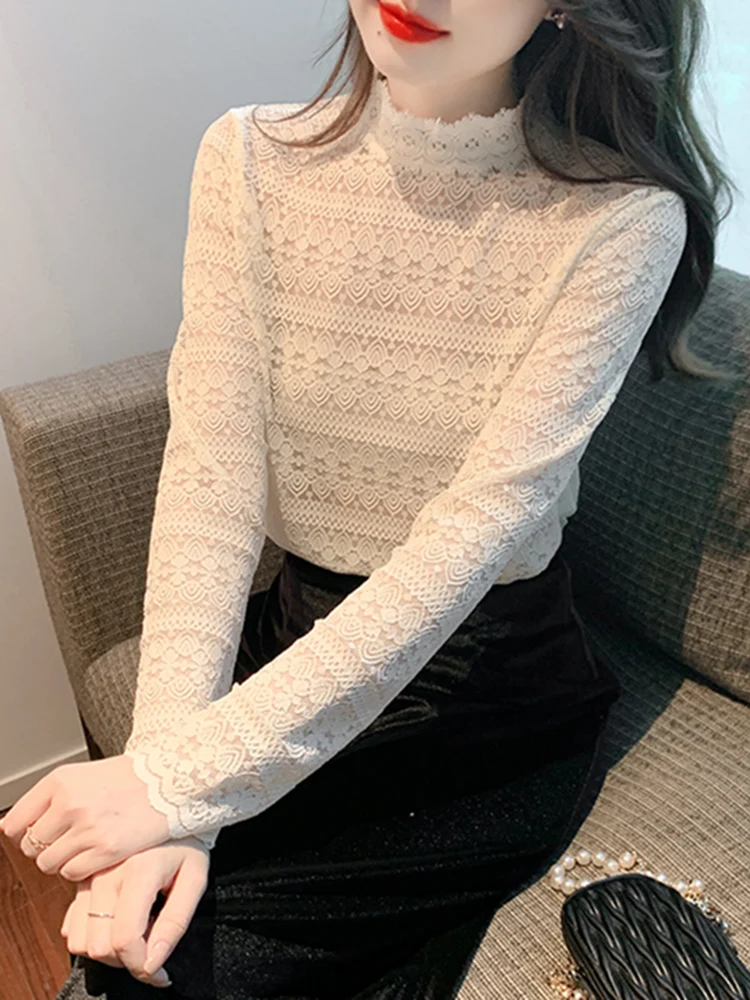 

Женская осенне-зимняя модная молодежная базовая кофта с высоким воротником, утепленная флисом, с кружевной отделкой, в корейском стиле, приталенная