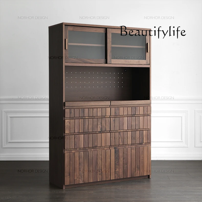 North American Black Walnut Double-Layer Sideboard Log Japanese-Style Integrated Wall Simple Tea Cabinet