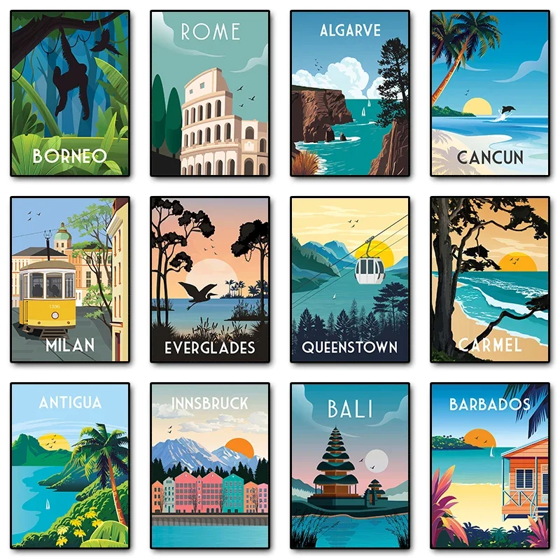 Travel Illustrated Canvas Painting Carmel Milan Bali Rome Venice Scenery Posters Prints Wall Art Picture Living Room Home Dec