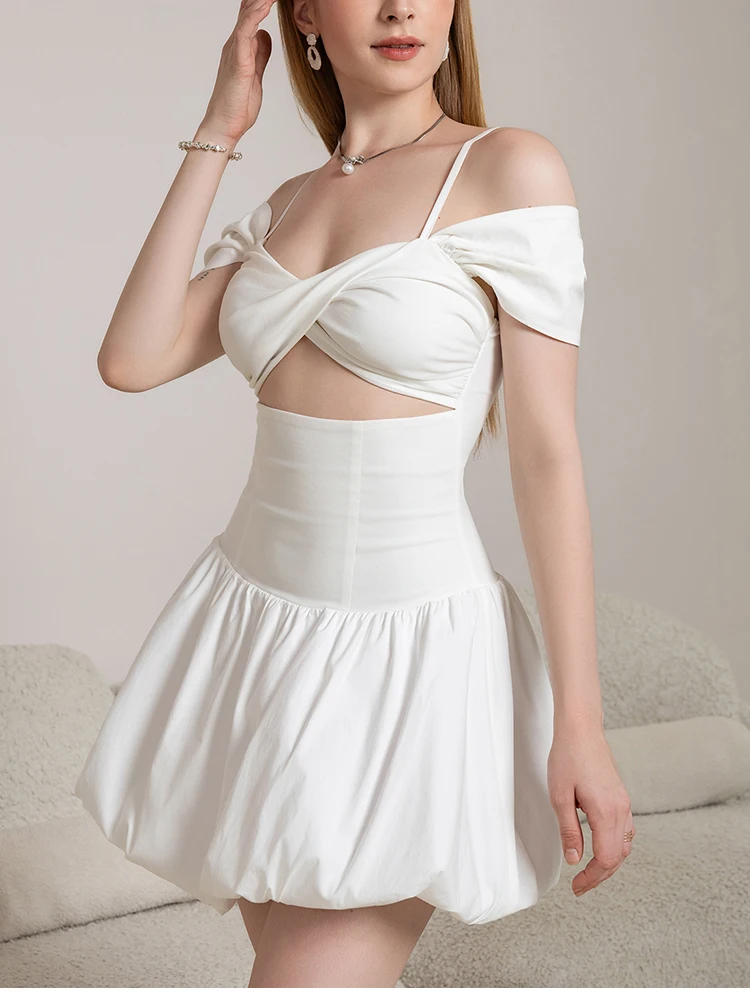 NewAsia ホワイト バレエ スタイル フラワー バッド ミニドレス スイート サマー レディース セクシー 薄いストラップ カットアウト バックレス ドレス ガーデン パーティー用