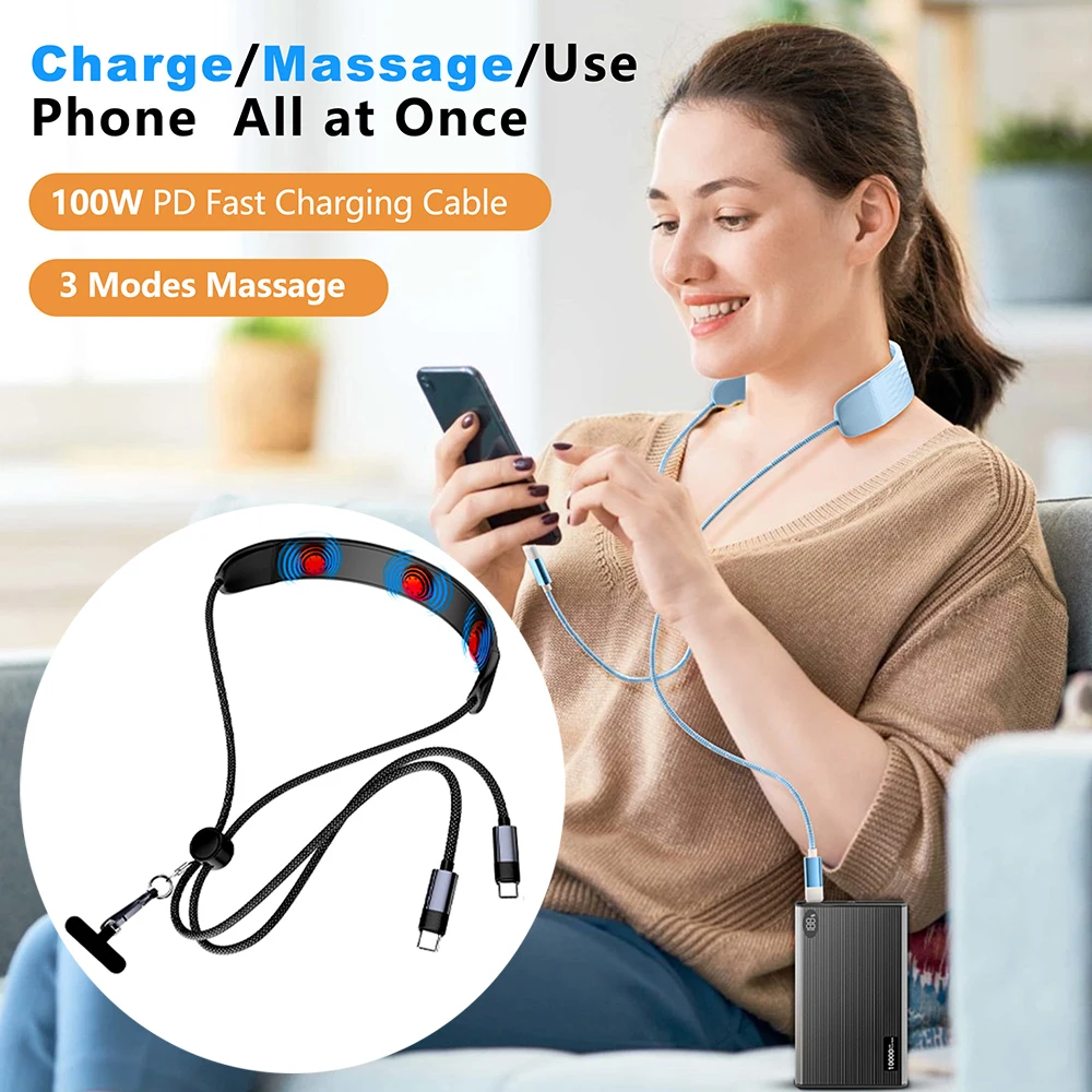 Phone Lanyard Data Cable with Massage Function, Compatible with Apple and Samsung Phones/Computers, 100W Fast Charging Dual-Head