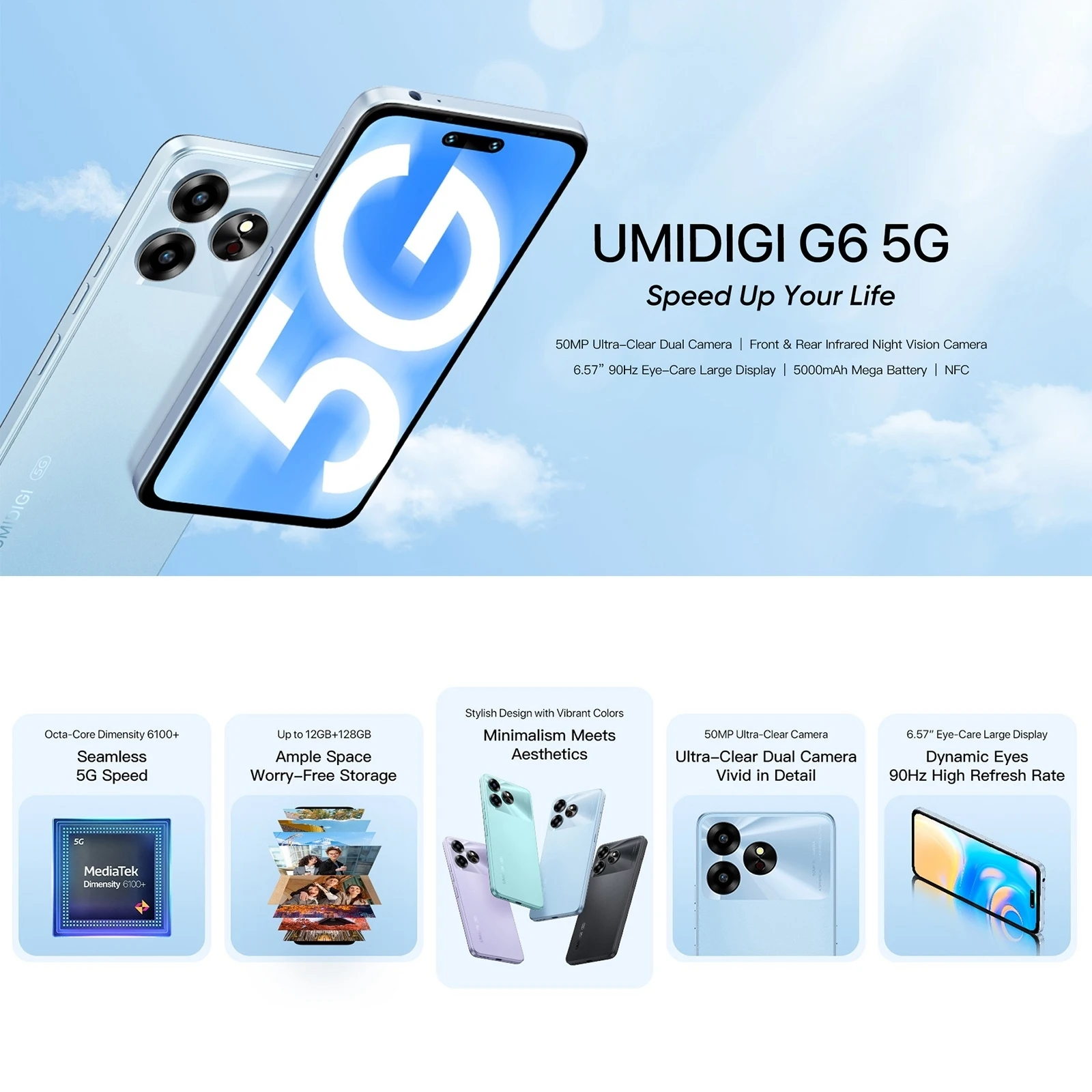 UMIDIGI G6 5G martphone 6GB+128GB Android 13 6.6 inch  Dimensity 6100+ 5000mAh Battery 50MP Dual Camera NFC Cell phone