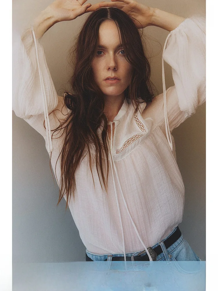 

H&M Women's Shirt Spring Lace Loose Feel Linen Blend Lantern Sleeve Top French Style Long Sleeve V-neck Pure Color 1266587