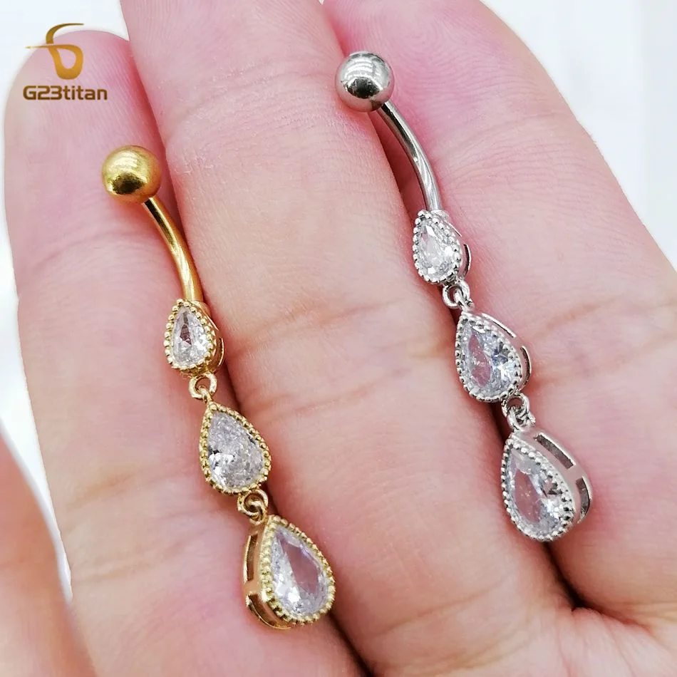 G23Titan Long Water Drop Navel Ring CZ Zircon Dangle Belly Button Piercing Jewelry 14G Titanium Curved Barbell Pircing Nombril