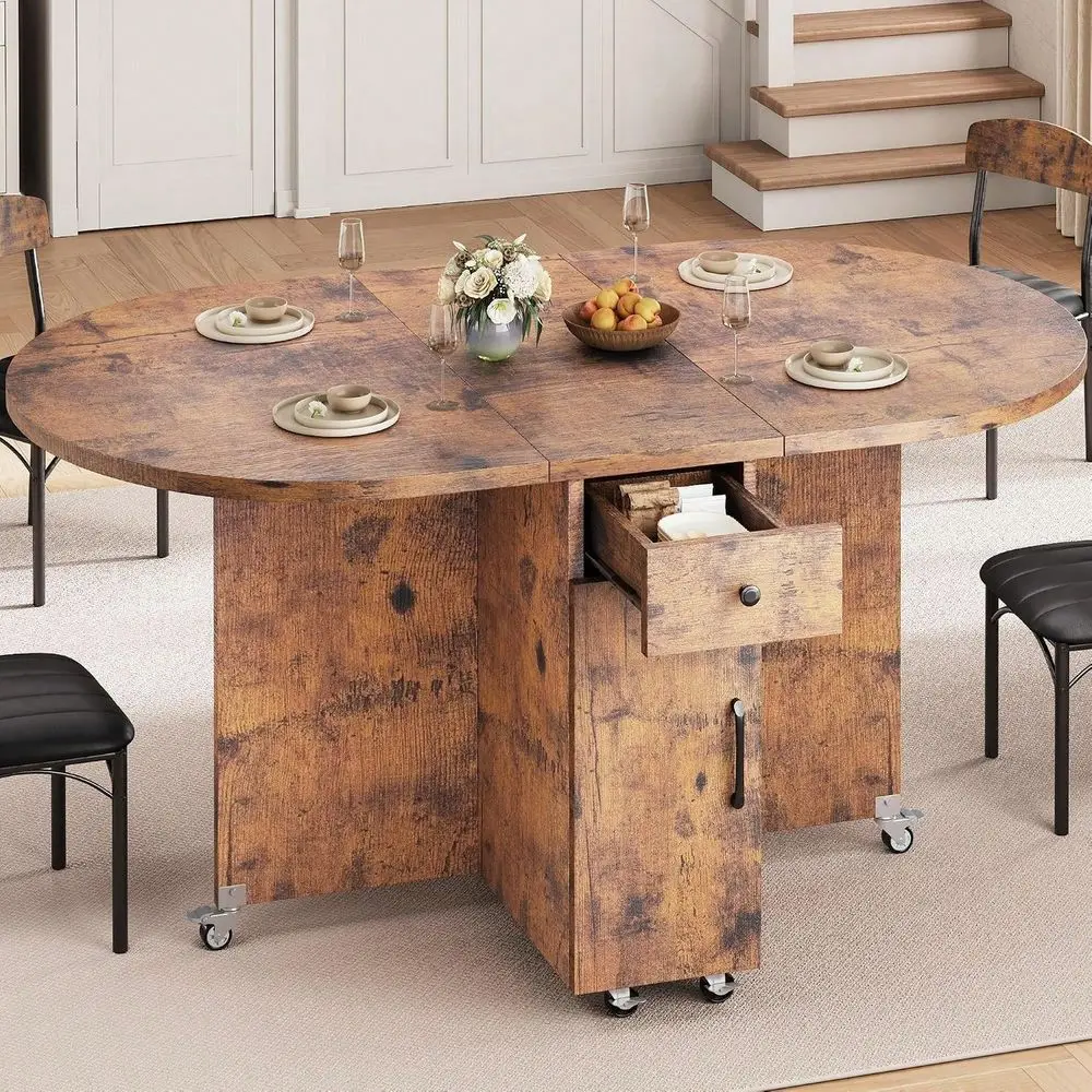 Round Folding Dining Table For 4, Space Saving Drop Leaf Kitchen Table With Storage Drawer, 6 Wheels Oval Gateleg Foldable Dini