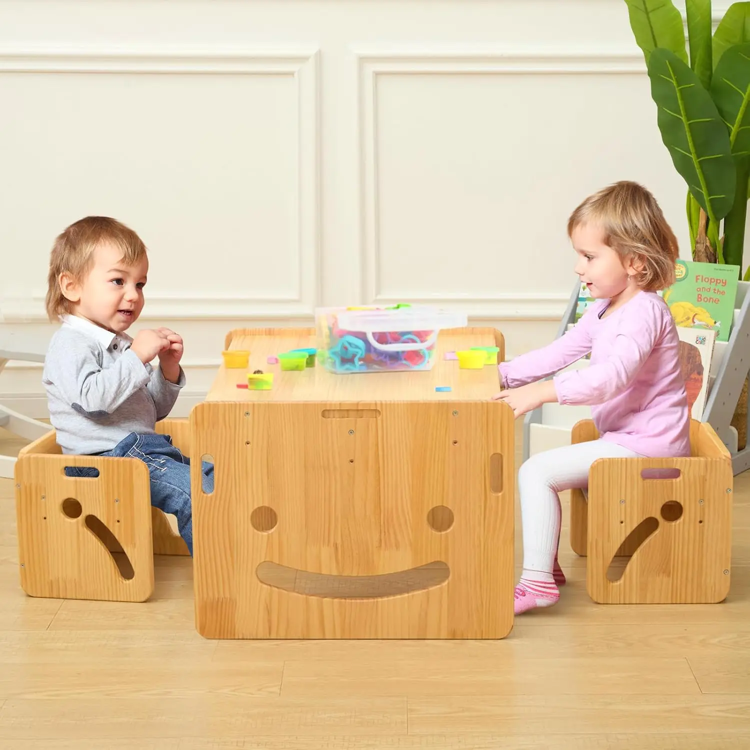 Set tavolo e sedia per lo svezzamento Montessori regolabili in altezza per età 1-3, tavolo per bambini in legno massello di qualità e 2 sedie, tavolo per bambini