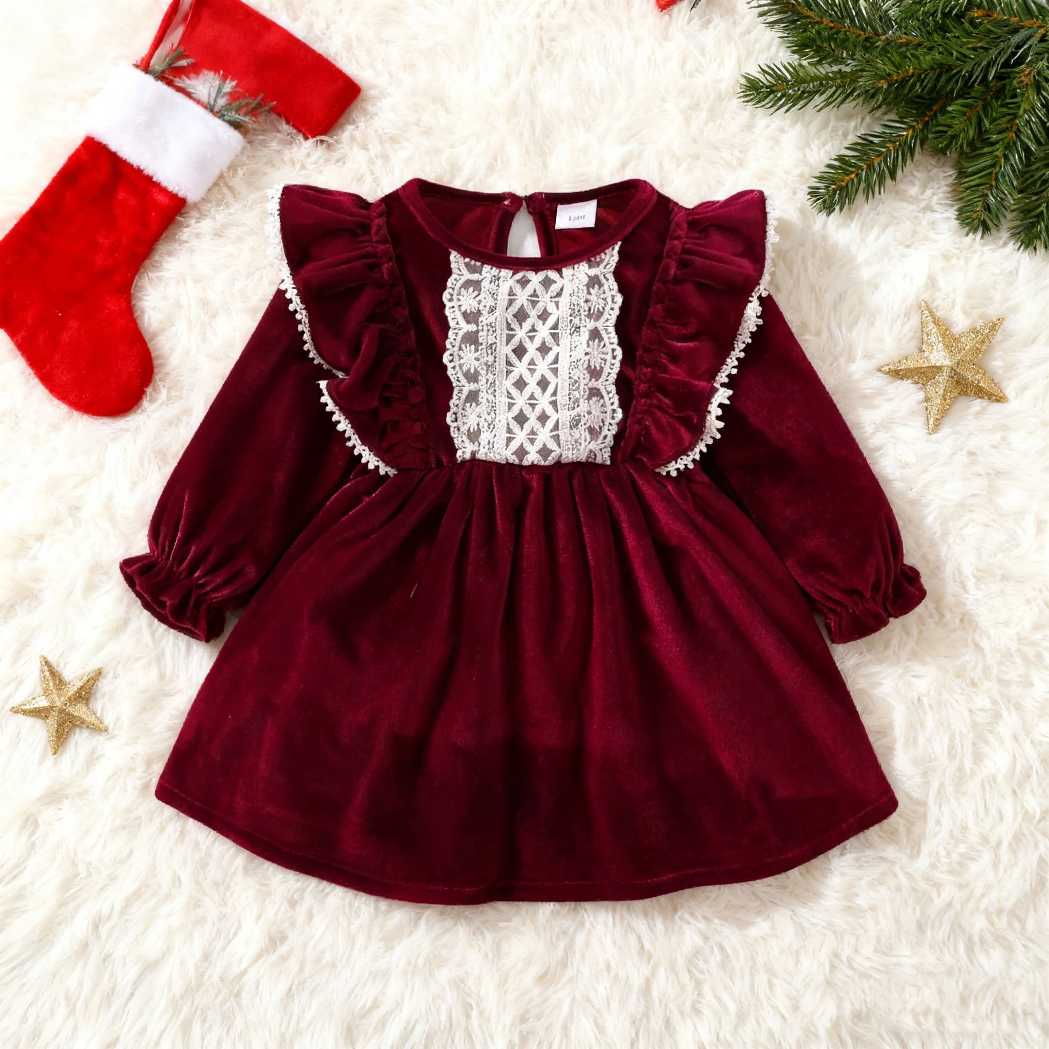 Christmas Party Skirt Baby Girl Long Sleeve Ruffle Satin Finish Dress Fashion Holiday Autumn Winter Wear for Kids Girl 0-7 Years