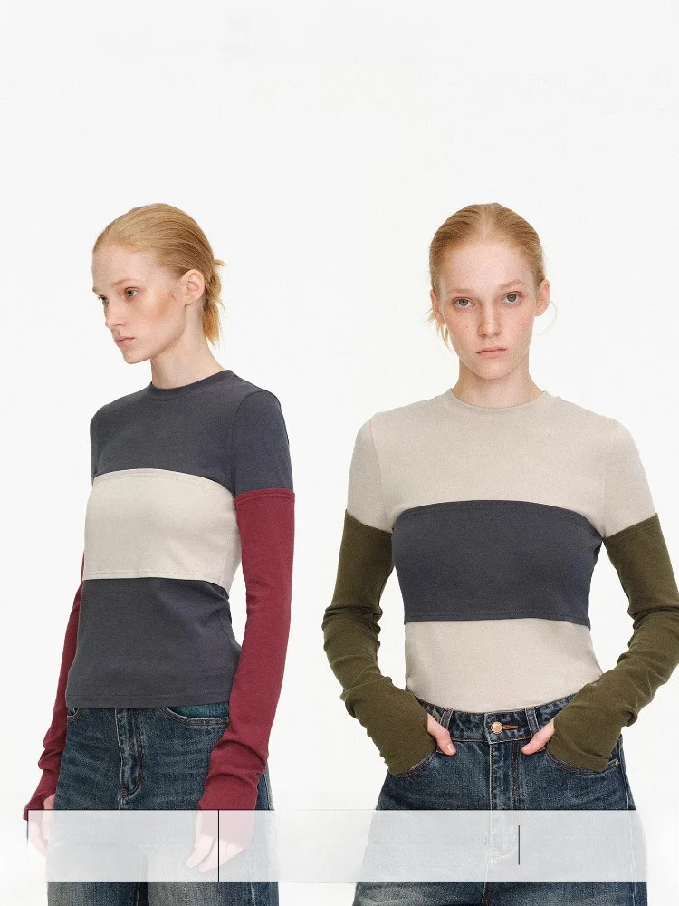 

Age of Ascent Vintage Spliced Sve Covers Slimming Heated Fce round Ne Inner Wear Long Sve Knitted T-irt for Women