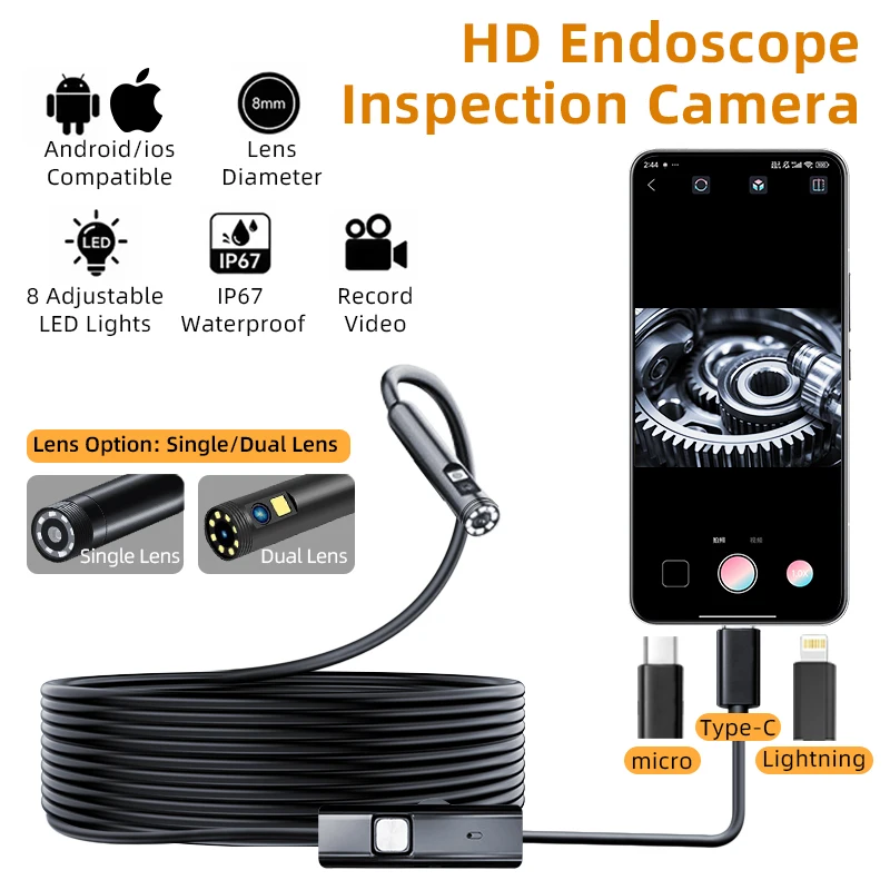 Type-C 8mm lens diameter 2mp Inspection Camera Automobile Engine Pipeline Inspection tool Endoscope for Android,ios iphone ,iPad