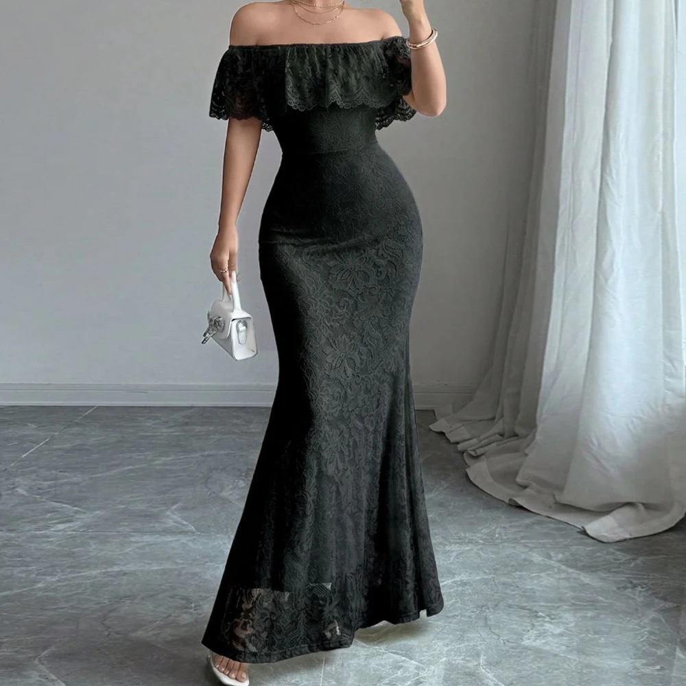 Women Elegant Off Shoulder Long Dress Ruffled Lace Patchwork Maxi Dress