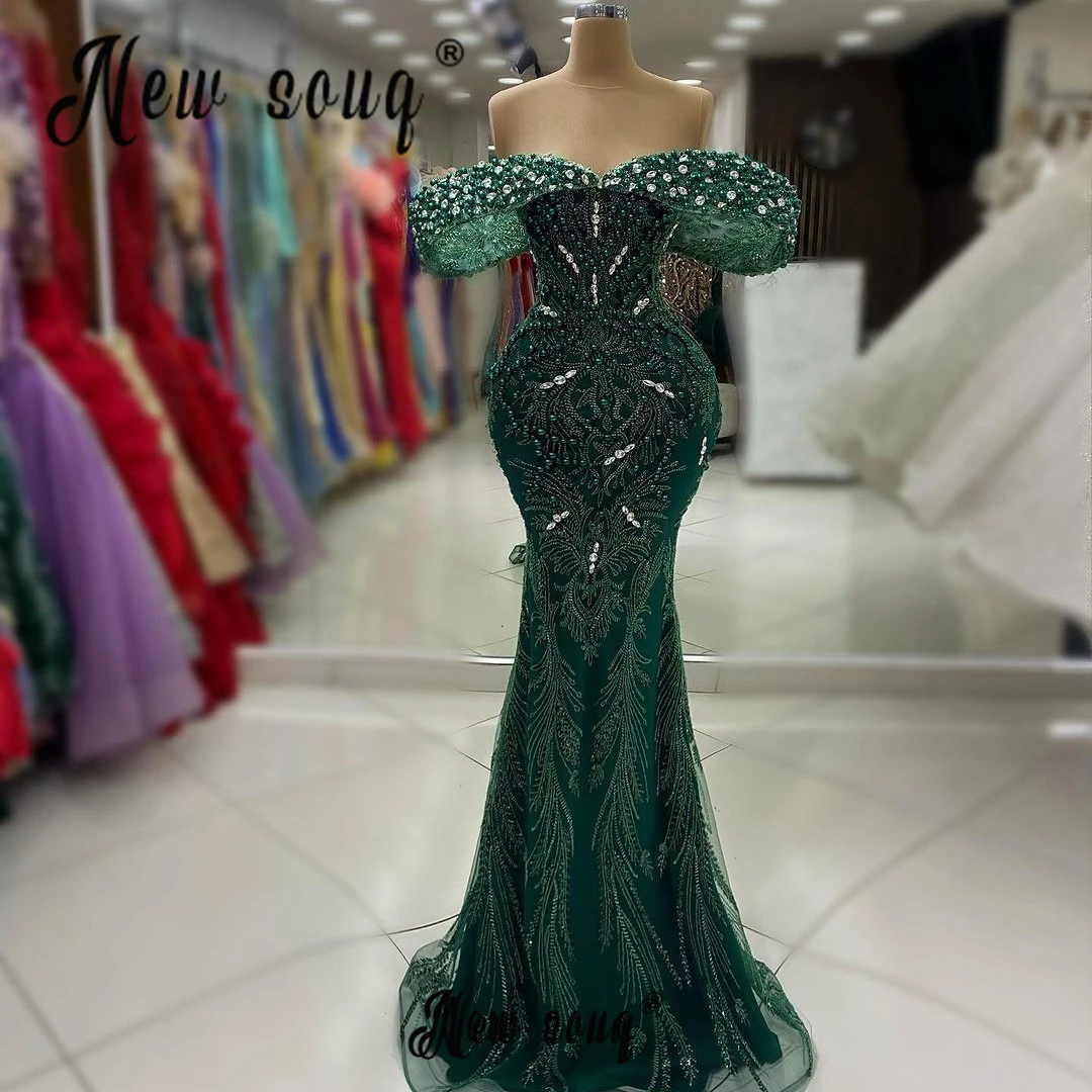 Elegante vestido de noche Formal verde esmeralda con cuentas para mujer, hombros descubiertos, sirena, boda, cena, fiesta, vestidos largos de cóctel