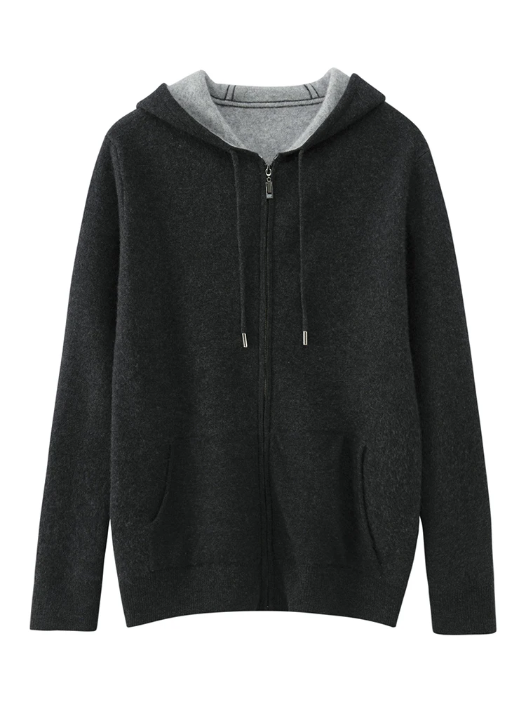 Kardigan Berkerudung Ritsleting Pria 100% Pakaian Rajut Wol Merino Sweter Hangat Lembut Tebal Sweter Kasual Musim Gugur Musim Dingin Pakaian Uniseks