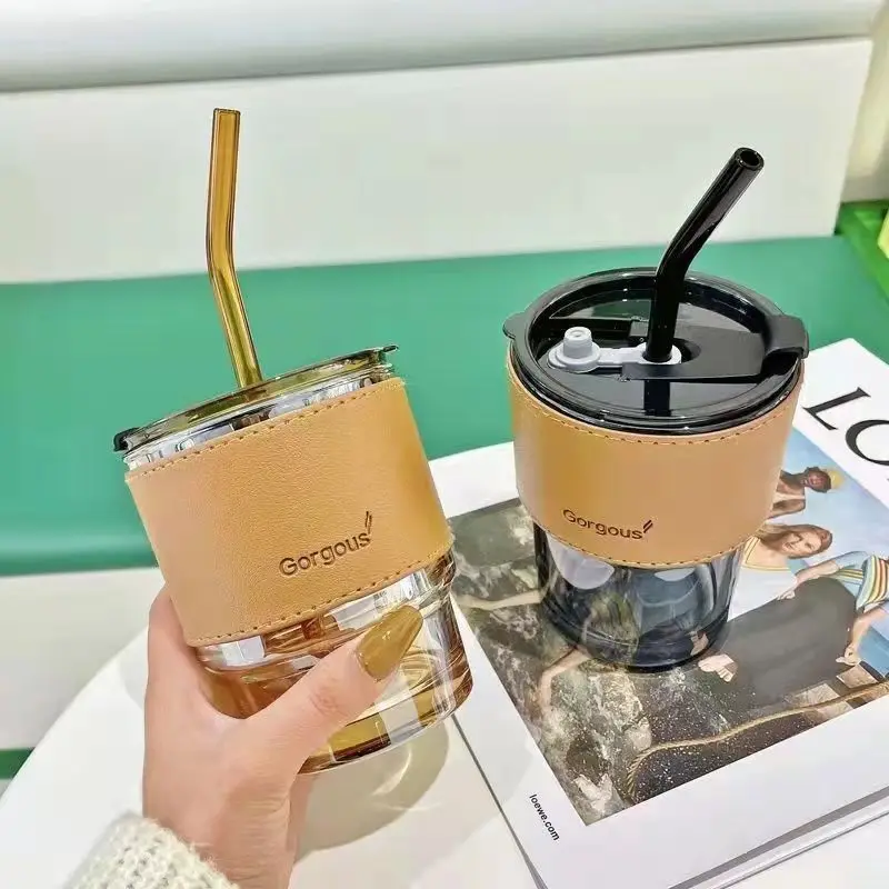 Creative Anti-scalding Coffee Cup Portable Bamboo Cup With Lid Straw Glass Water Cup Ins Wind Tableware 2pcs