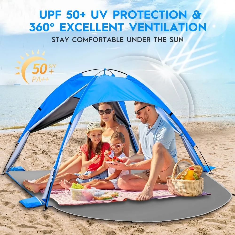 خيمة محمولة مأوى للشمس تتسع لـ 4 أشخاص مع عامل حماية من الأشعة فوق البنفسجية 50+، تصميم مكون من 4 أبواب قابل للتنفس وأعمدة من الألياف الزجاجية مقاس 8.0 مم #5