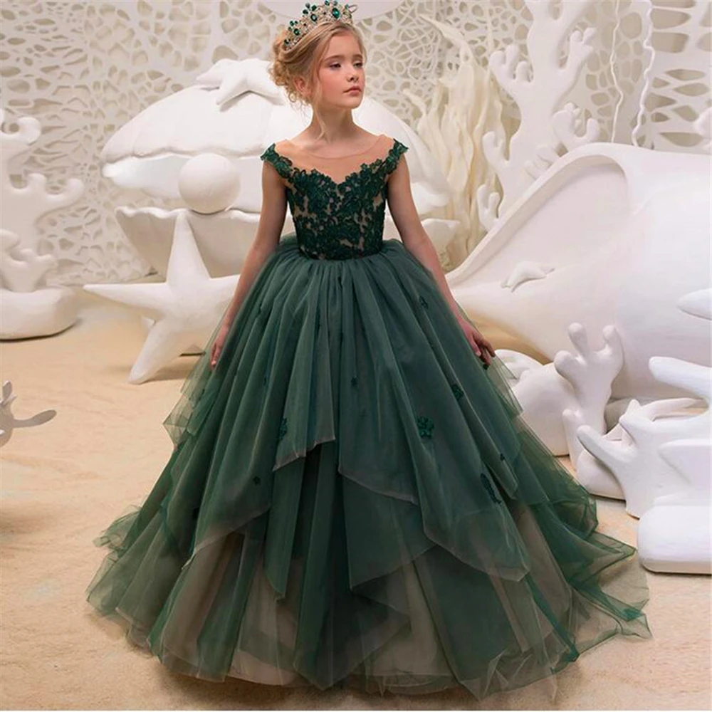 

Elegant Tulle Layered Flower Girl Dress Princess Ball Beauty Pageant First Communion Dresses Kids Dream Birthday Present