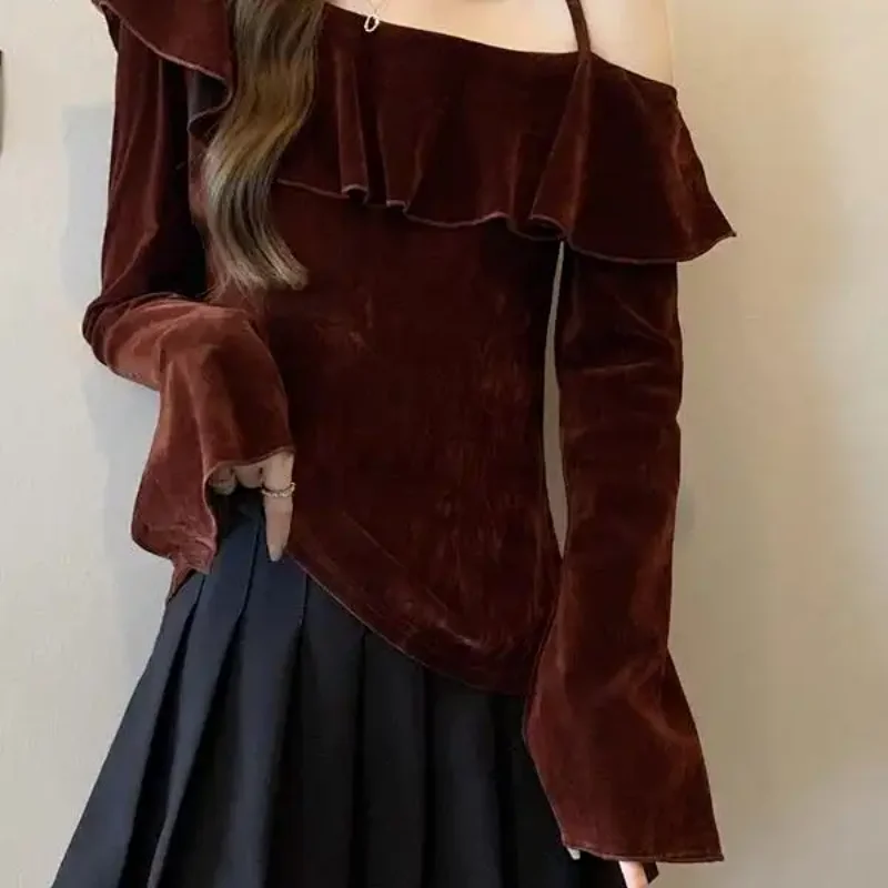 Spring New Red Velvet Long Sleeved Shirt, French Off Shoulder Small Shirt, Sexy All Match Fashion Elegant Popularity Top