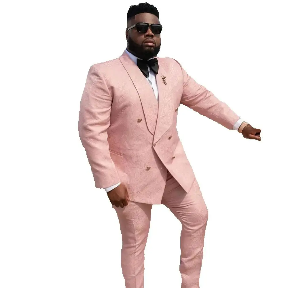 Setelan Jas Pria YiMinpwp Klasik Pink Jacquard Double Breasted Satin untuk Pesta, Tuxedo Resmi 3 Potong Blazer Ukuran XS-5XL