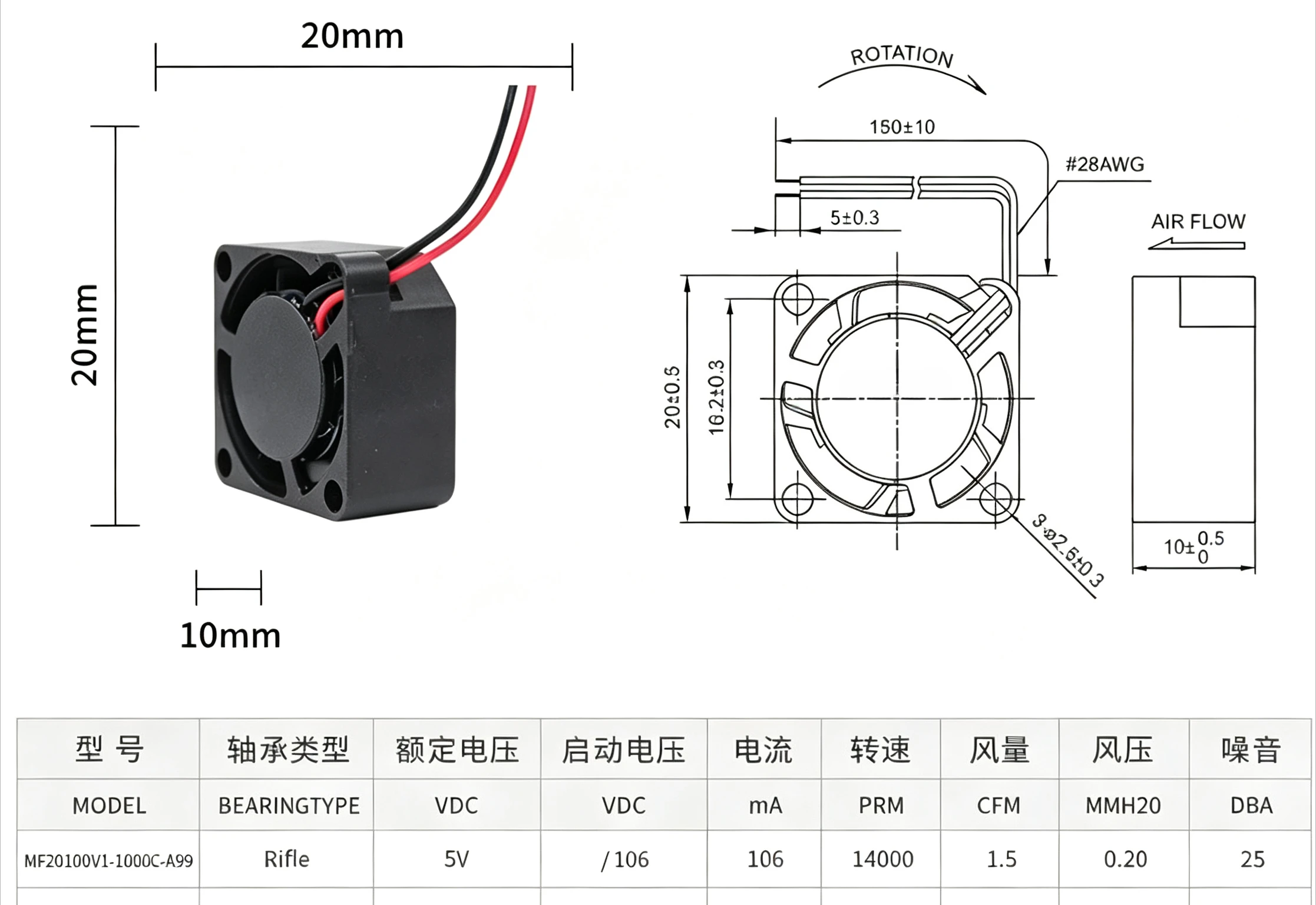 Brand‑New Micro Cooling Fan MF20100V1‑1000C‑A99,2010 5V 2C For SUNON