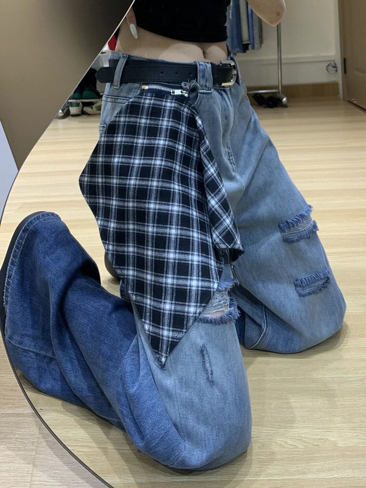 Plaid Patchwork Hole Jeans Women Vintage Streetwear High Waist Wide Leg Denim Pants Hottie Autumn Winter Preppy Casual Trouser