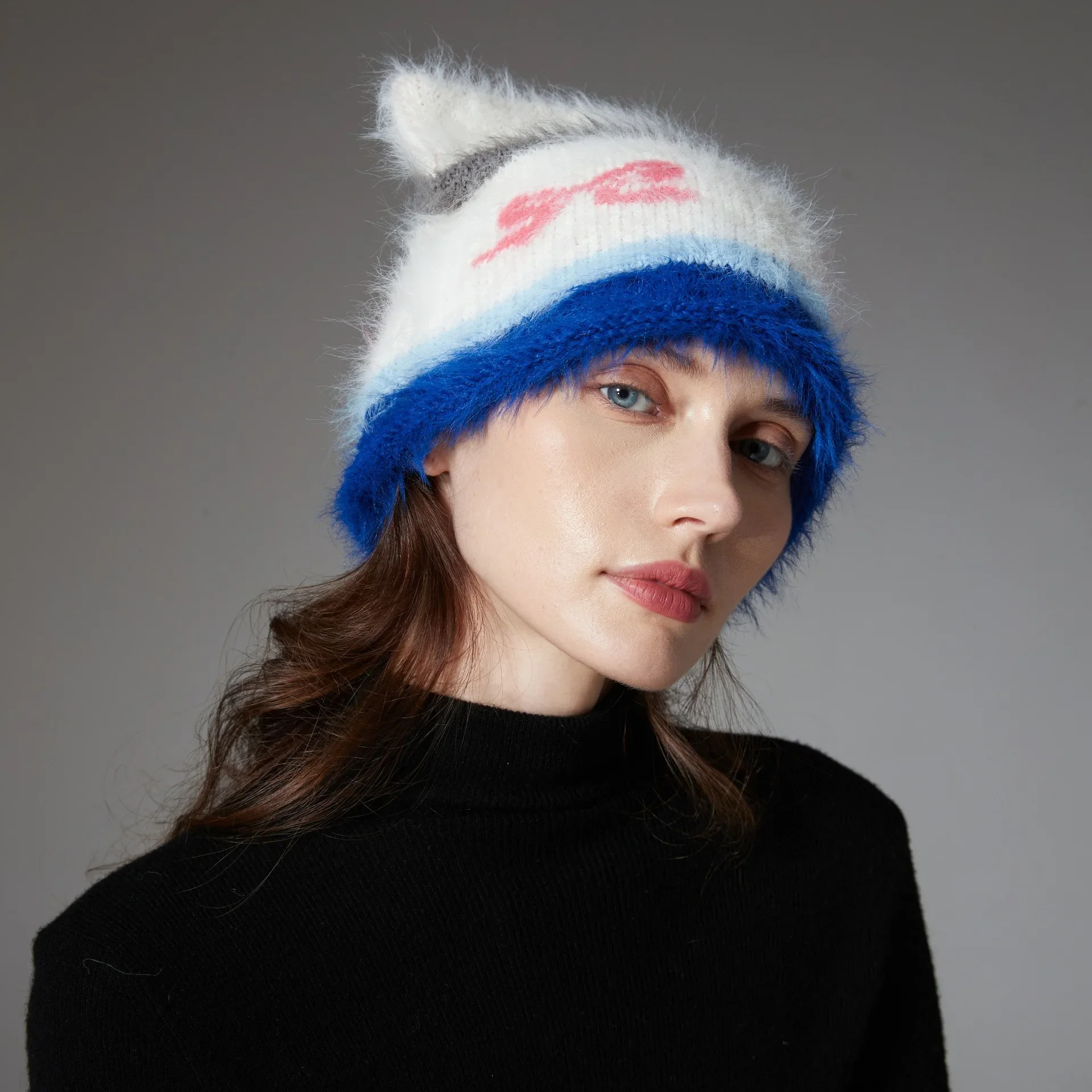 Cross-border 2024 autumn and winter new mink cute cat ears knitted hat ear protector wool hat manufacturer