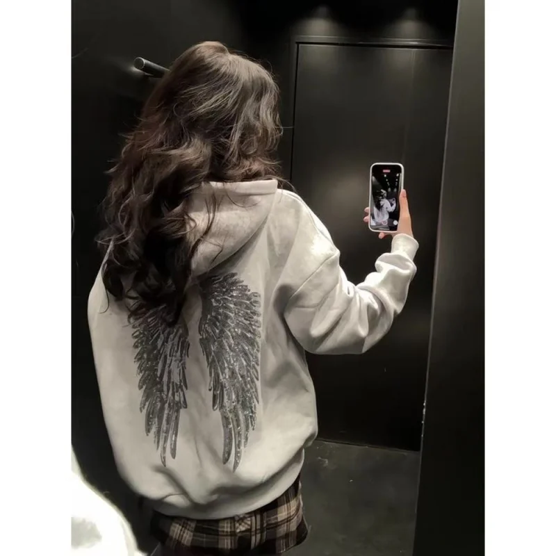 Retro shiny wings printed long-sleeved zipper casual sweatshirt autumn and winter women's hooded straight pants solid color suit
