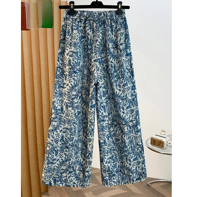 Retro Style Wide Leg Pants Women's Summer Loose Slimming Casual Trousers Elastic Waist Cotton Polyester Floral Print