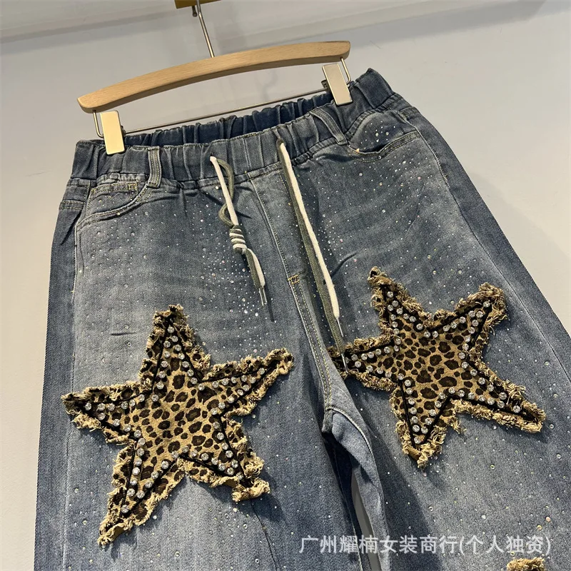 American Embroidery Leopard Stars Diamonds Elastic Waist Loose Denim Pants All-match Women New Autumn Casual Wide Leg Jeans