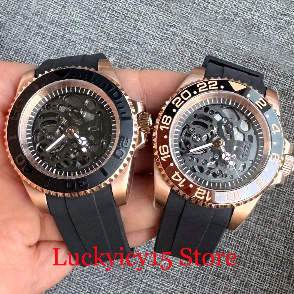 Tandorio Ceramic Bezel Skeleton Dial 20ATM Rose Gold Case 40MM Automatic NH72A Mechanical Men Watch Sapphire Glass Rubber Strap