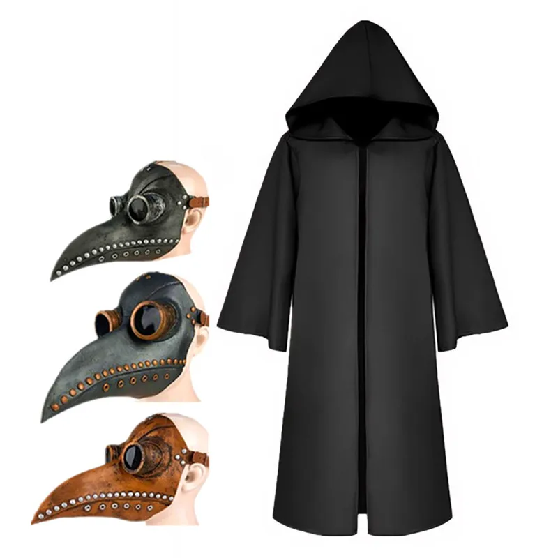 Conjunto de máscara y capa de médico de la peste Medieval, disfraz de juego de rol para adultos y niños, bata negra de Halloween con capucha para fiesta de Cosplay