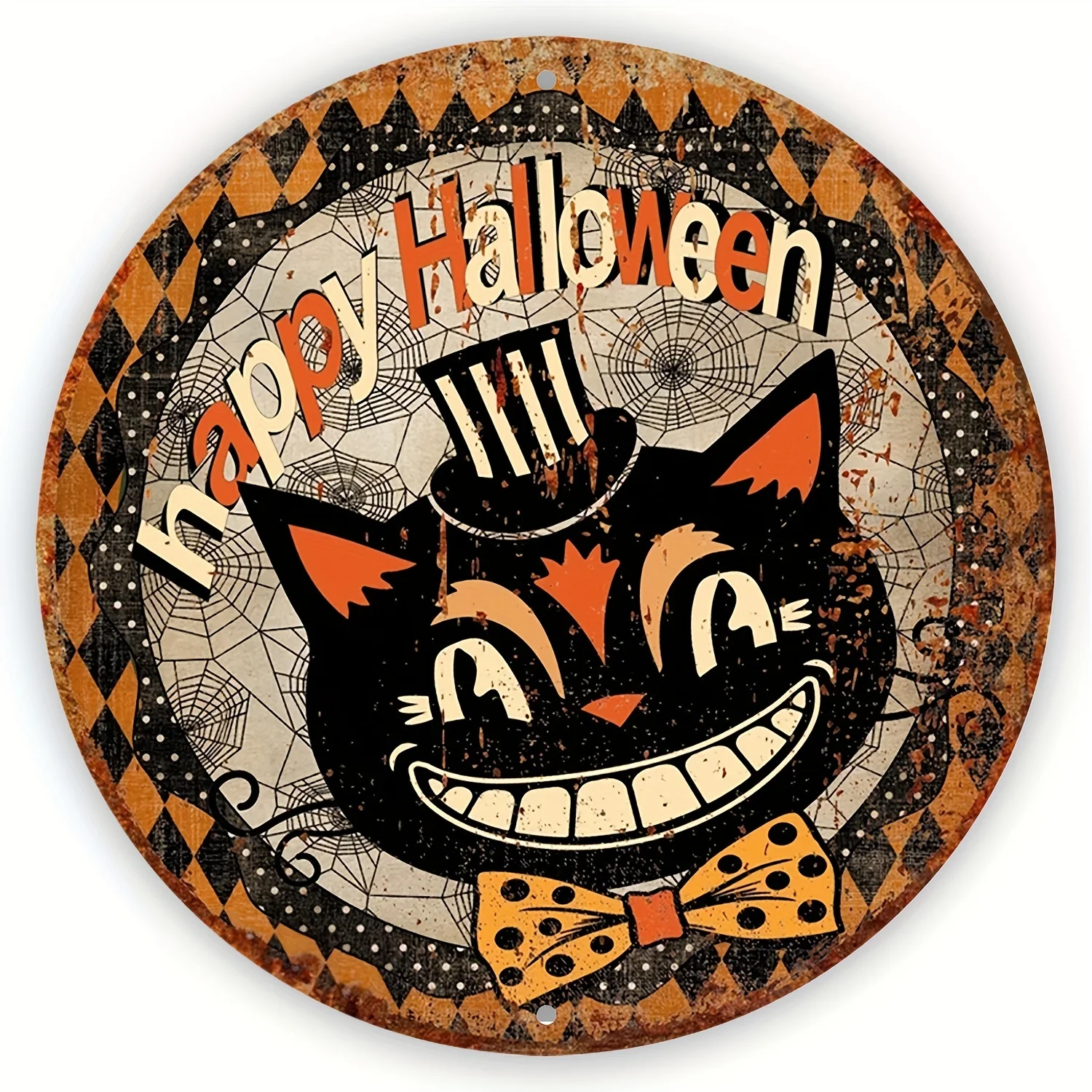 Happy Halloween, Wacky Black Cat Wreath Sign - 8-inch x 8-inch Round Aluminum Cat Decorations for Home, Kitchen