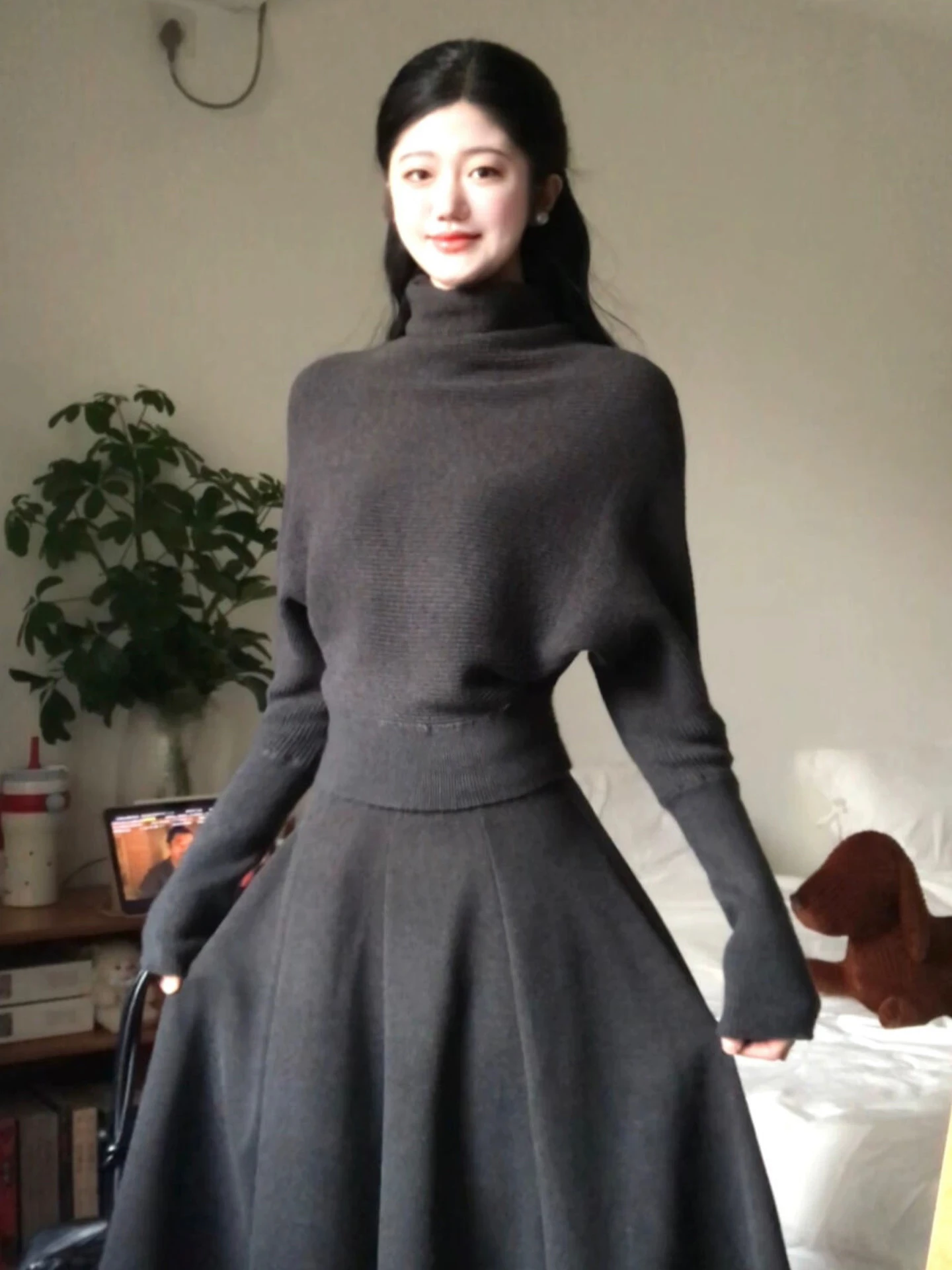 

Chic High Collar Batwing Sve ey Sweater Women's Autumn Winter Slimming Inner Wear Knitted Top Faionable Belted Waist