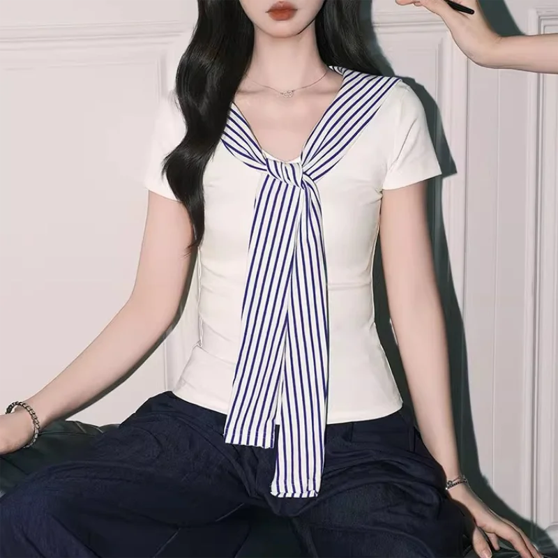Cotton T Shirts Women's Clothes Fashion False Two-piece Y2k Tops Korean Casual Sailor Collar Kawaii Summer T-shirts
