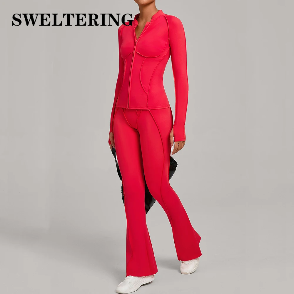 

SWELTERING спортивный комплект из 2 предметов, тонкие быстросохнущие спортивные костюмы для йоги, дышащая повседневная куртка, расклешенные брюки с высокой талией, одежда для фитнеса