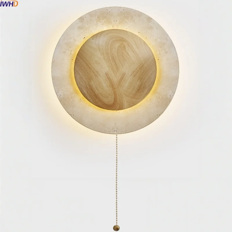 

IWHD Nordic Modern LED Wall Light Fixture Mirror Bathroom Yellow Travertine Stone Pull Chain Switch Wooden Bedside Lamp Arandela