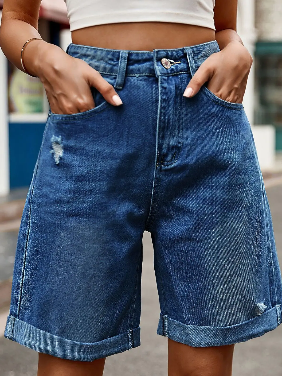 

Casual Five-Quarter Bell Bottom Jeans Shorts Women's High Waist Cotton Denim Street Style plus Size No Stretch Comfortable Fit