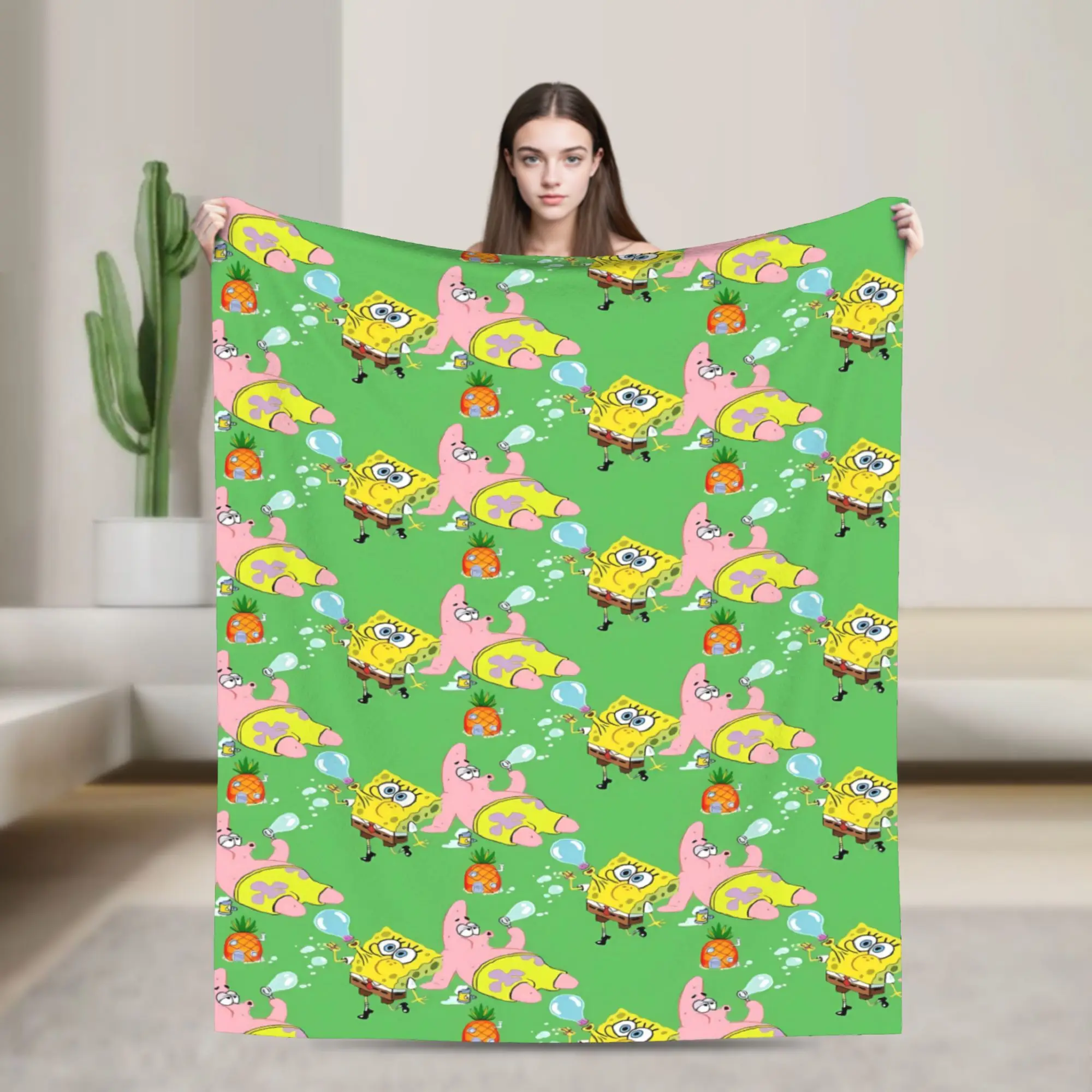 SpongeBobs Green Pineapple Tile Flannel Blankets Autumn  Warm Throw Blanket for Girls Boys Couch Bed Bedspread Sofa Bed Cover
