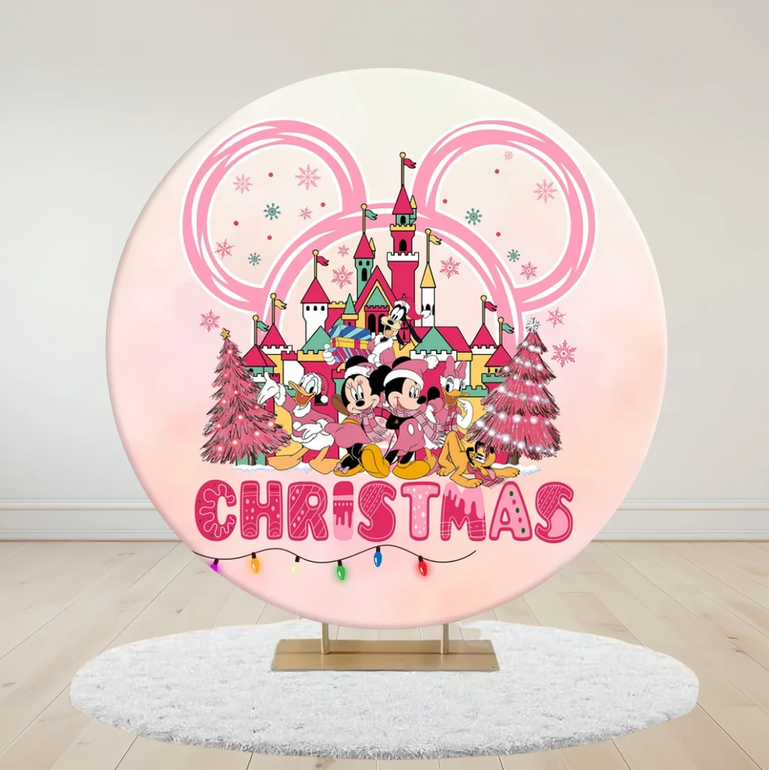 Merry Christmas Mickey Mouse Round Backdrop 3 Cylinder Cover 4 Piece Background For Photography Birthday Party Dessert Table