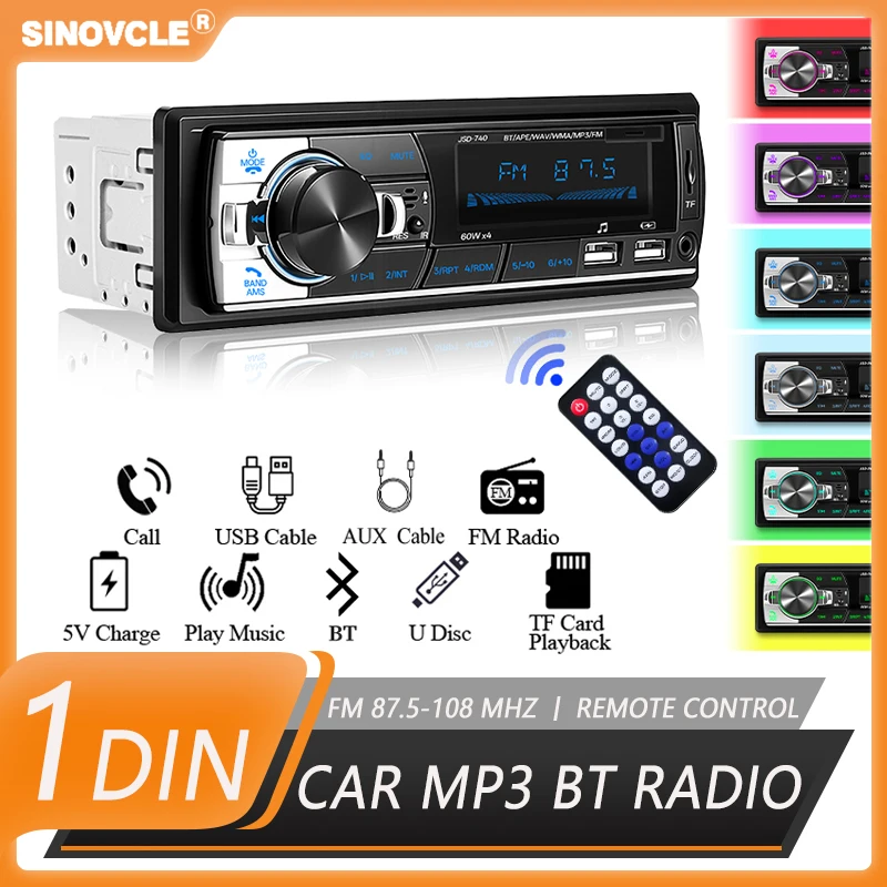 SINOVCLE 1 din car stereo radio FM Receiver Digital Bluetooth MP3 Bluetooth car audio player USB AUX Input Phone Charging