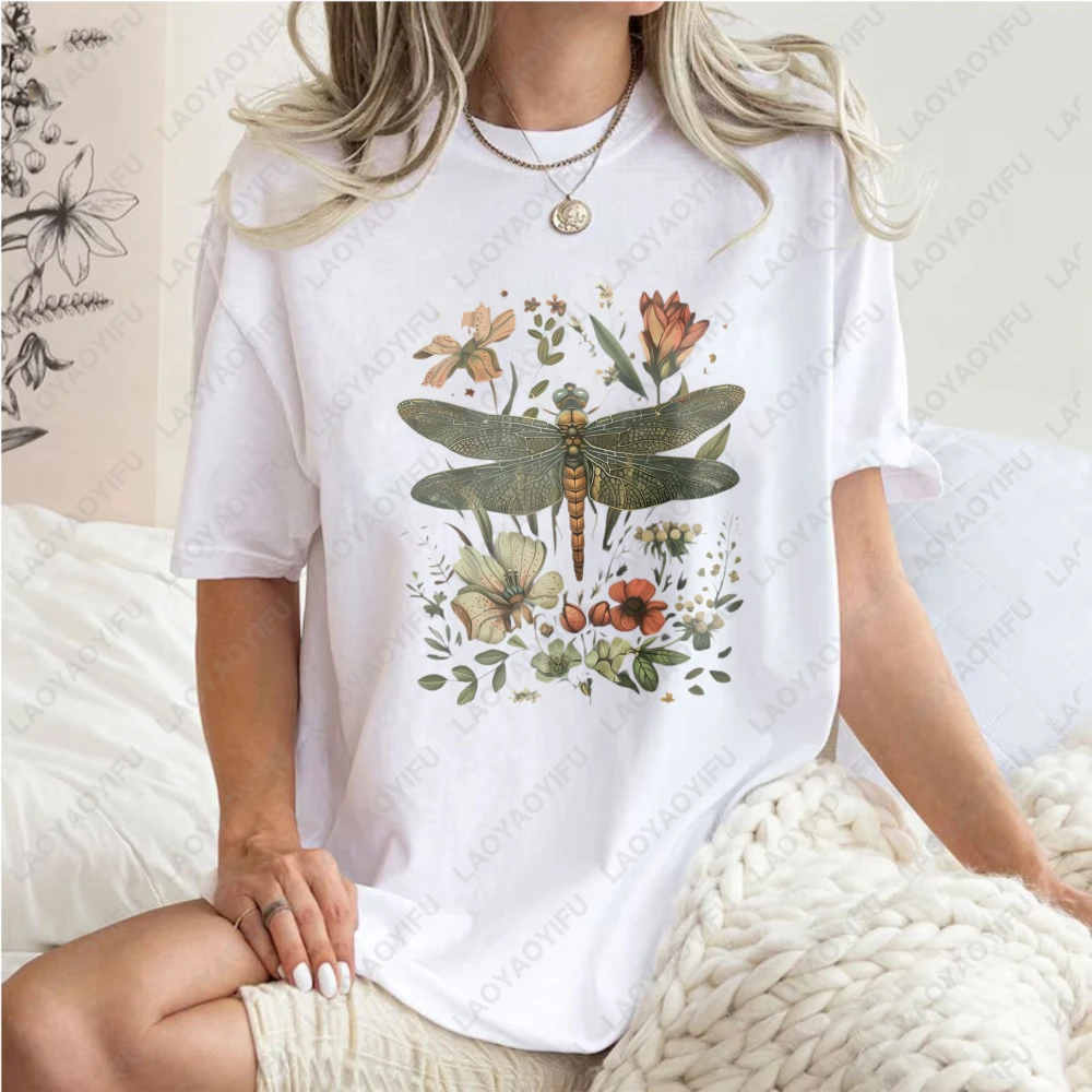 

Dragonfly Floral Pattern Unisex Cotton T-Shirt Nature Inspired Design Summer Casual Wear Fashionable Top For Men And Women