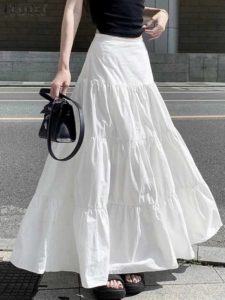 

ZANZEA 2025 длинные юбки женские большие с высокой талией юбка с рюшами осень повседневные свободные однотонные эластичные талии праздничные макси-низы
