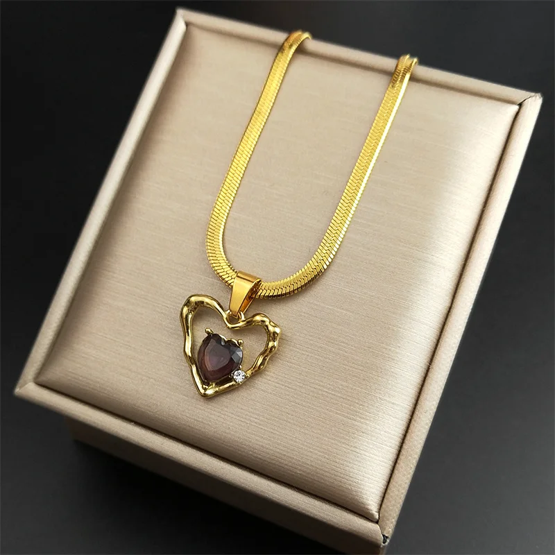 

Vintage Love Heart Crystal Necklace For Women Girl Stainless Steel Clavicle Chain Choker Necklaces Jewelry Accessories NGPS04
