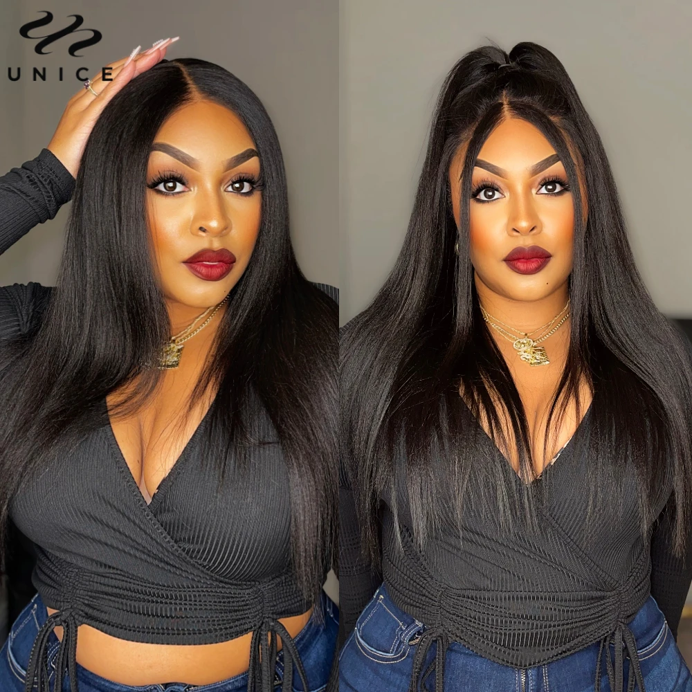 7x5 Inch Yaki Straight Wig Pre Bleached Knots Pre Plucked Pre Cut Lace Closure Wig Human Hair Wear Go Glueless Wig for Beginners