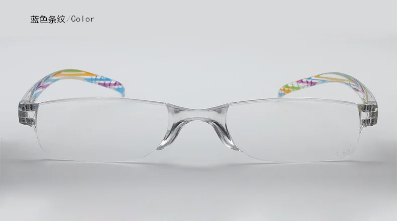 +1,0 ~ +4,0 Tragbare Weitsichtbrille Unisex Ultraleichte Lesebrille Rahmenlose Lesebrille aus Kunstharz mit halbem Rahmen – Detail 11
