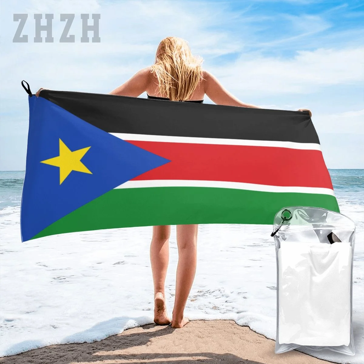 More Design South Sudan Flag Emblem Bath Towel Quick dry Microfiber Absorbing Soft Water Breathable Beach Swimming Bathroom