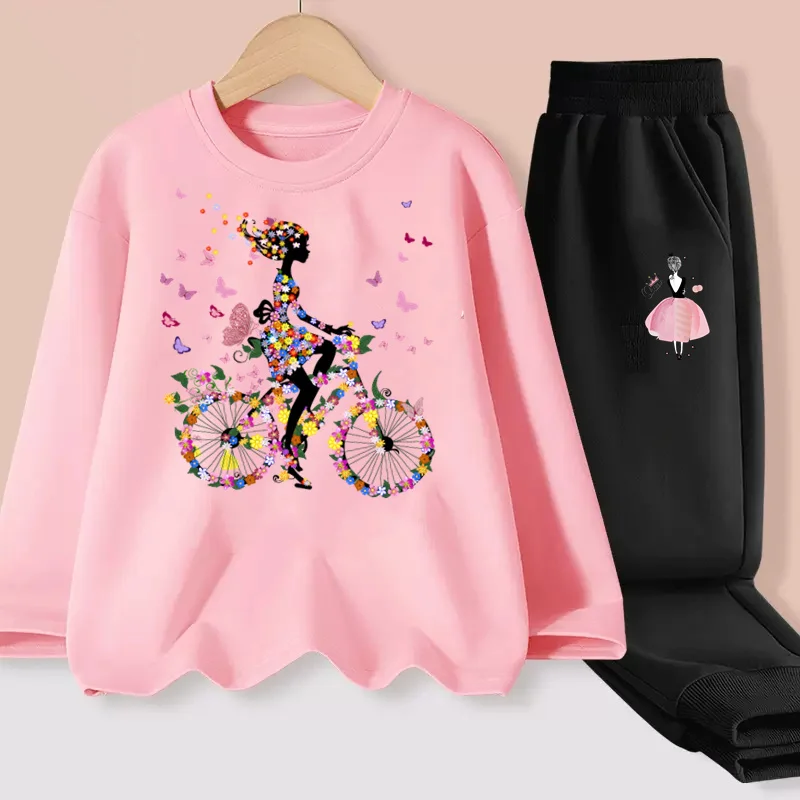 Aimi Lakana Girls Long Sleeve Clothing Butterfly Bicycle T-shirt Kids Spring Tops Pants Baby Cartoon Clothes 2-Piece Sets