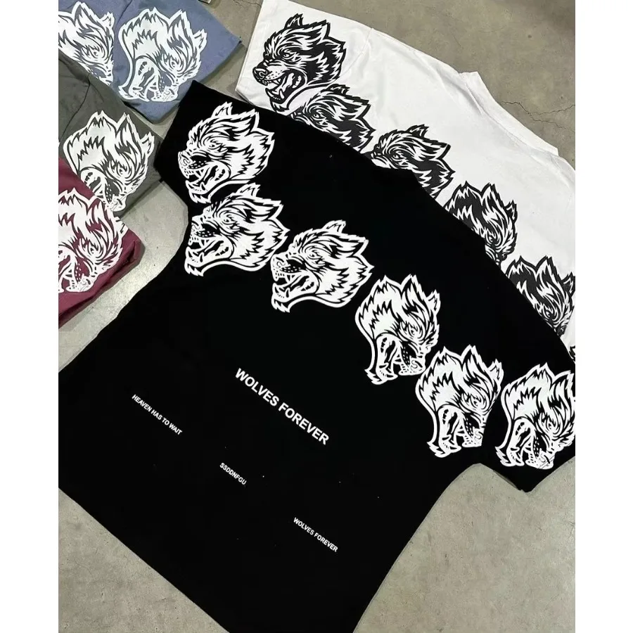 Jesienna moda męska i damska, koszulka z czystej bawełny z nadrukiem głowy wilka, z charakterem i w stylu cool.